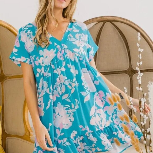 BiBi Floral Crinkle Shirred Ruffle Detail V‎ Neck Dress - Picture 5 of 16